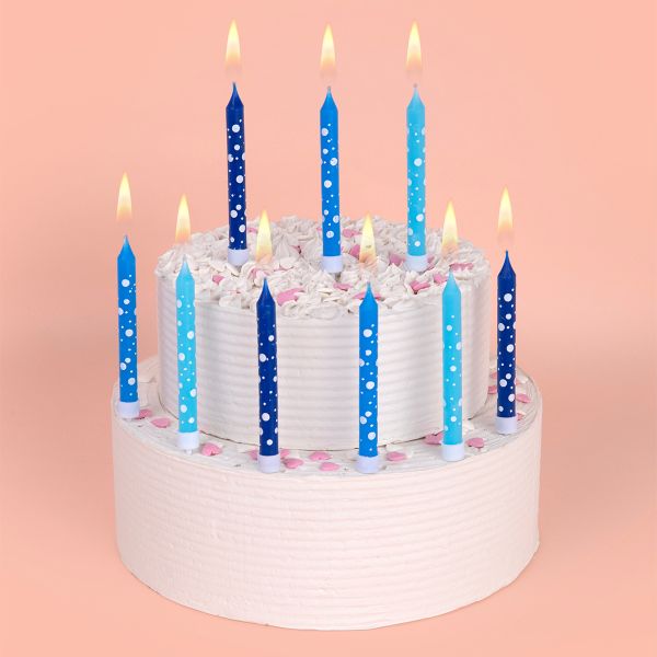 Набор свечей для торта 39 г 0.8 см, 12х12 шт, 02_голубые в горошек_12 держателей, Boomzee BCD-35