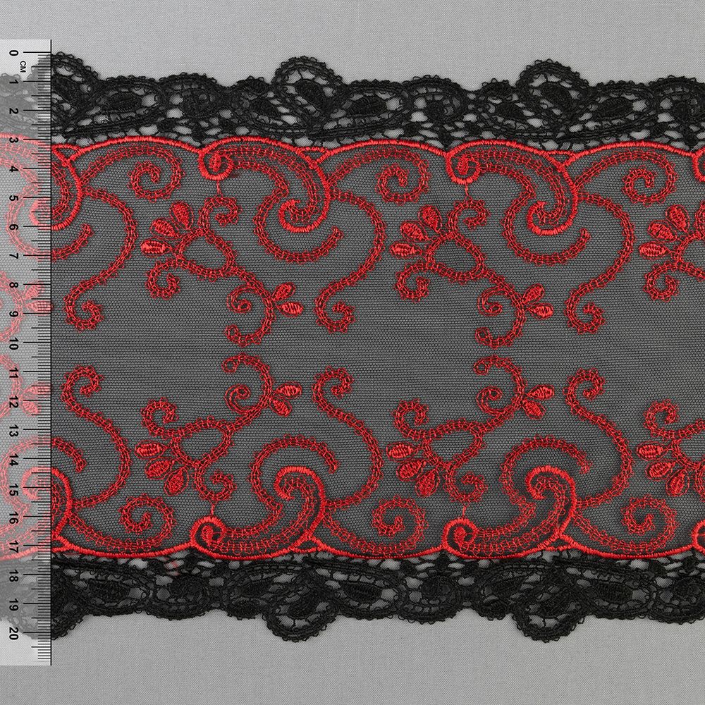 Кружево на сетке широкое 220 мм / 14±0.2 м, Турция, красный, Gamma GCKM-220-01