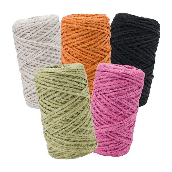 Шпагат джутовый ⌀1.4 мм / 50 метров (50 г), 2-ниточный, 1200 текс, евробобина, 5 шт, ассорти 2 (черный, оранжевый, розовый, оливковый, белый)