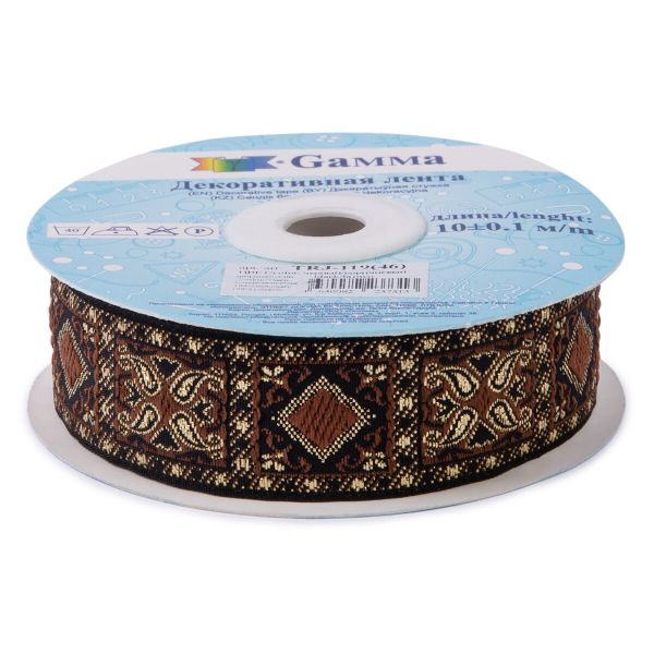 Лента (тесьма) жаккардовая 25.0 мм / 10±0.5 метров, черный/коричневый, Gamma TRJ-119(46)