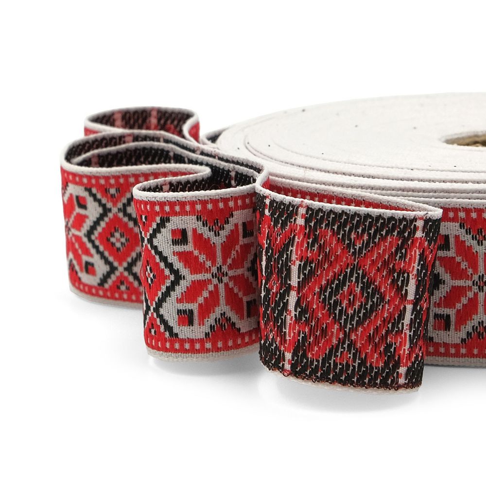 Лента (тесьма) жаккардовая 32.0 мм / 25±1 метров, рис.9624, (1 белый/красный/черный) С1853Г17