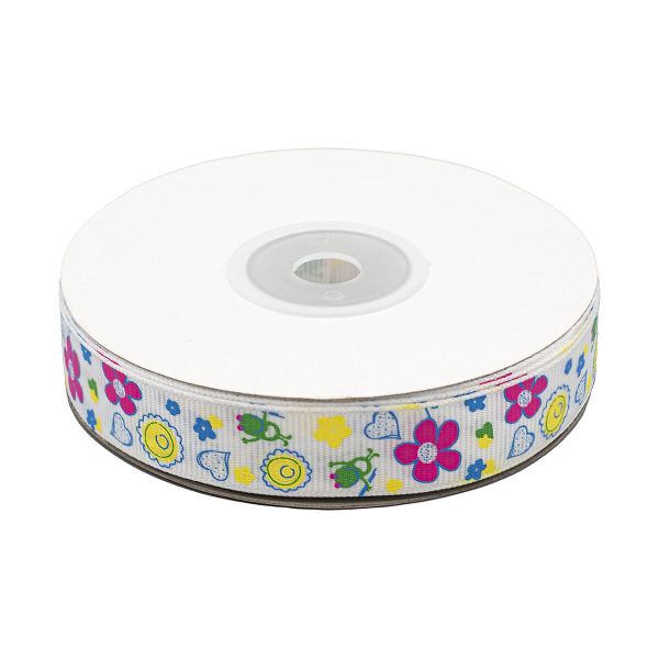 Лента репсовая (в рубчик) Сердечки и цветы 1,5см*22.86 м (белый)