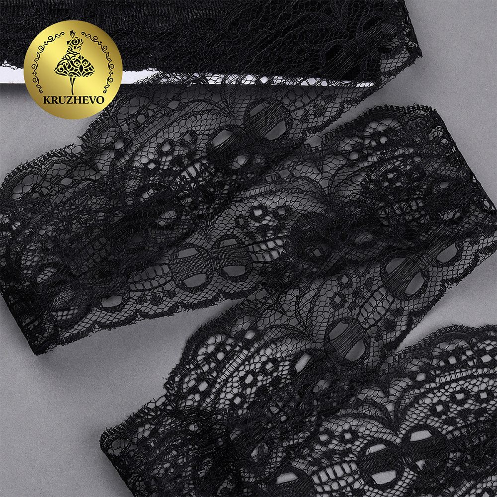 Кружево отделочное в стиле "трикотаж" 50 мм, диз. 928, цв.10 черный, уп. 9.14 м