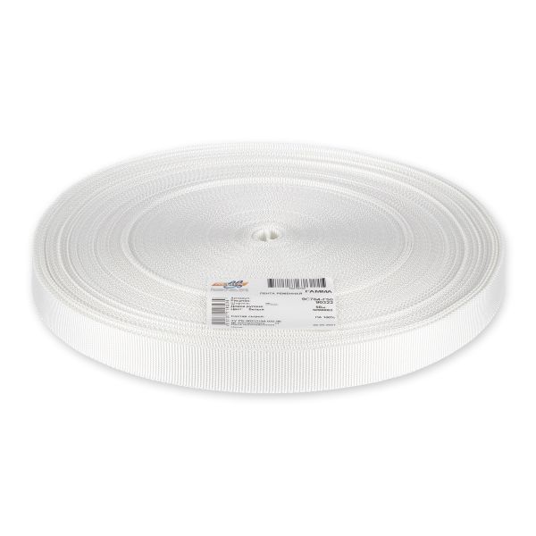 Стропа (ременная лента) 20 мм / 50 метров, толщ. 0.96 мм, [12.75 г/пог.м], 100% п/а, 001 белый, Gamma 9с764