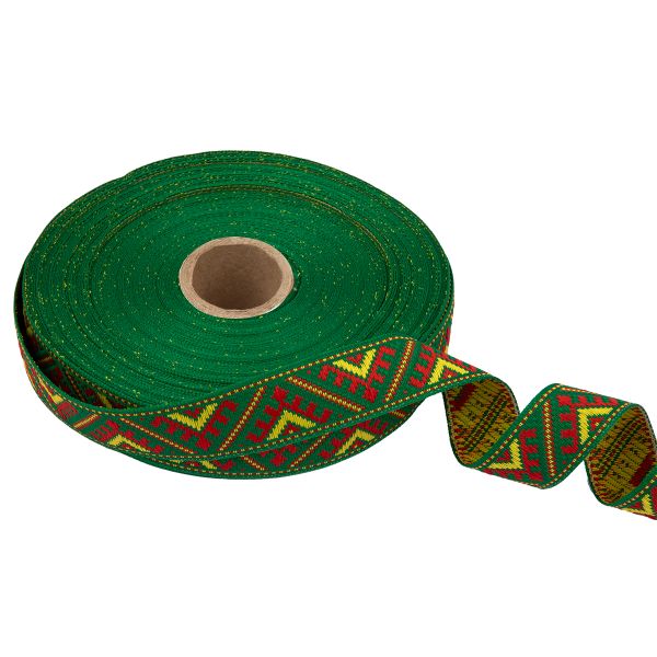 Лента (тесьма) жаккардовая 23.0-25.0 мм / 25 метров, зеленый/красный/желтый, Blitz