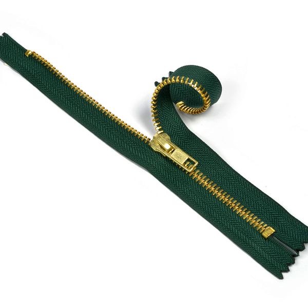 Молния металл джинсовая Т5 (5 мм) 1 зам., н/раз., золото, 18 см, цв.F273 т.зеленый уп.10 шт