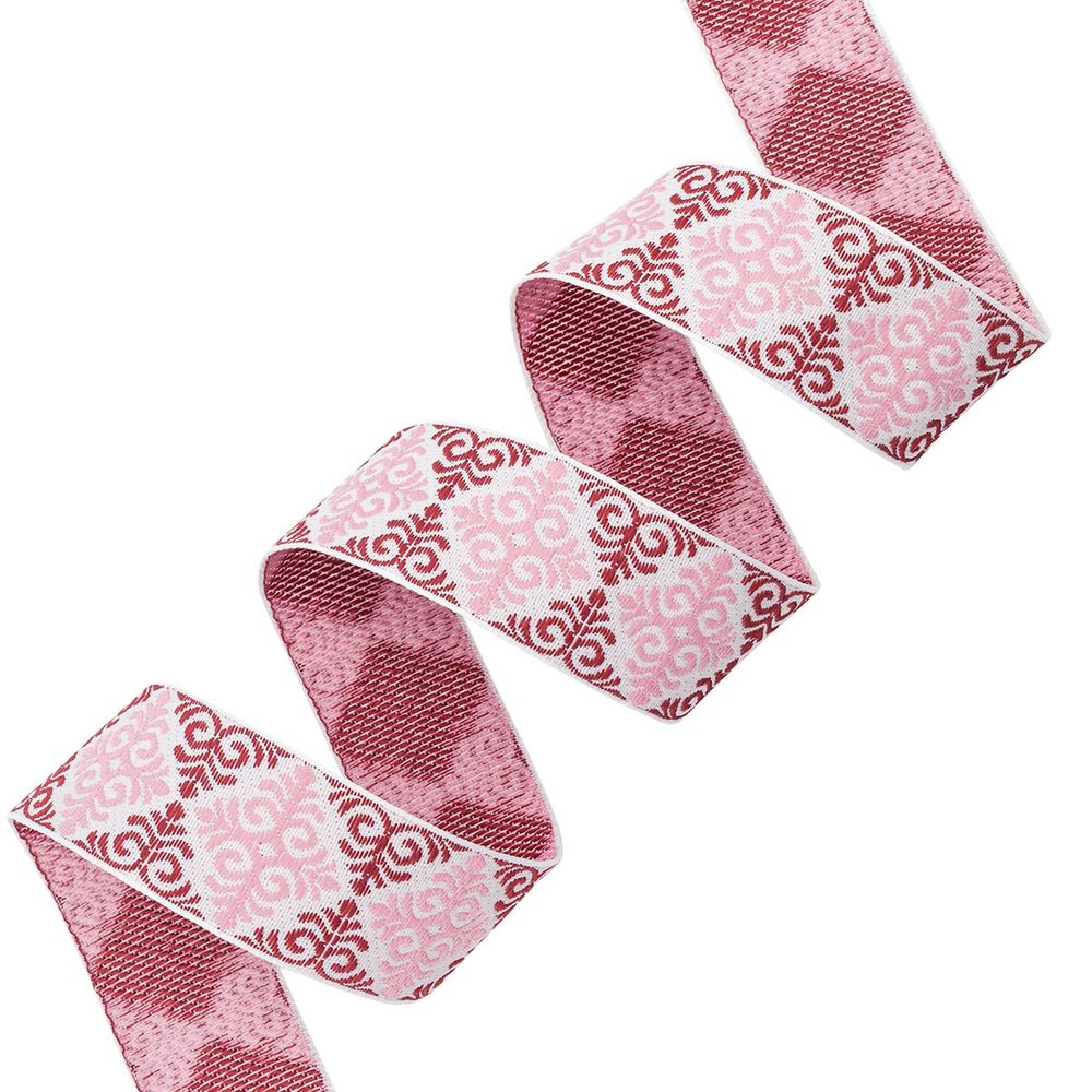 Лента (тесьма) жаккардовая 32.0 мм / 25 метров, Славянский орнамент Оберег, рис. 9788, белый / бордовый / розовый, С3774Г17