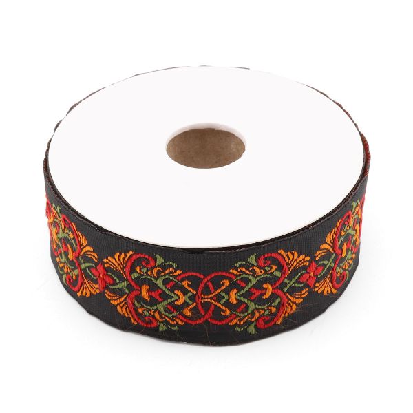 Лента (тесьма) жаккардовая 35.0 мм / 10±0.5 метров, Дамаск 35976 V6 черный/оранжевый