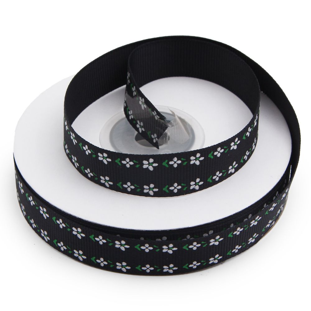 Лента репсовая (в рубчик) Цветочный орнамент 1,5см*22.86 м (черный)