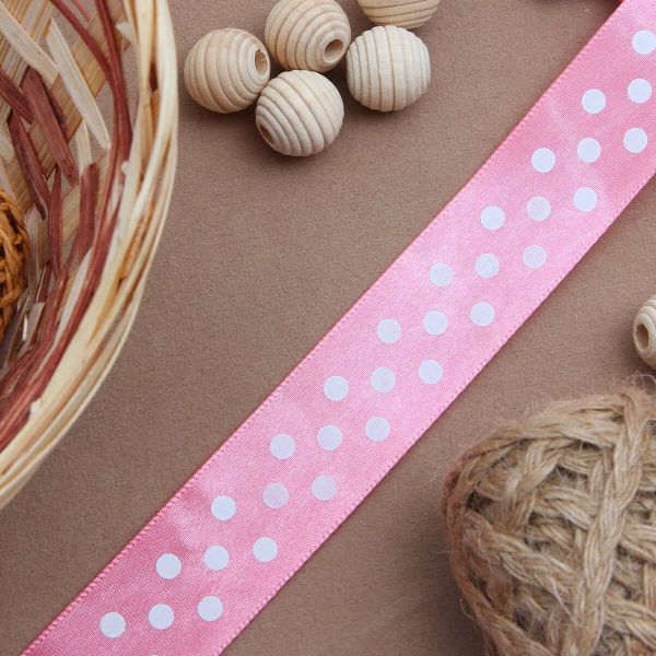 Лента атласная в горошек 25.0 мм / 3 метра, розовый, Globus