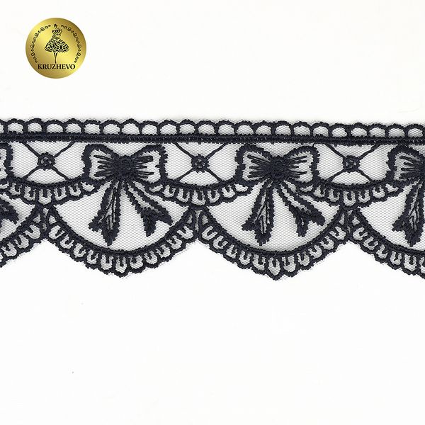 Кружево на сетке матовая нить с бантиками 60 мм, цв.т.синий, 10 метров, Kruzhevo