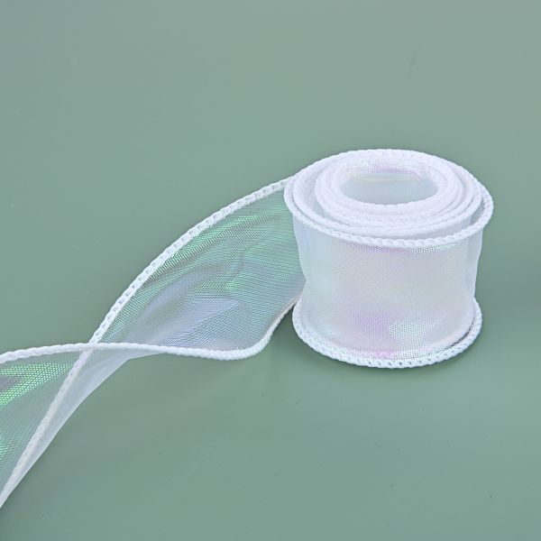 Лента декоративная с волнистым краем перламутр 38.0 мм / 18.29±1 метров, 100% органза, УЦЕНКА (04 белый перламутр), 6100-9043