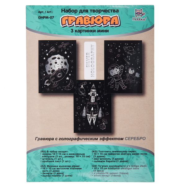 Набор для творчества Гравюра мини Космос (серебро), 10х15 см, 1х3 шт, Hobbius GHPM-07