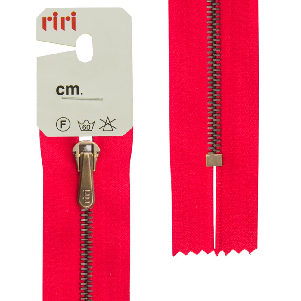 Молния металл брюч. RIRI Т4 (4 мм) AM, слайд.HS4, н/раз., 18 см, цв. тесьмы 2407, красный, упак. 5 шт