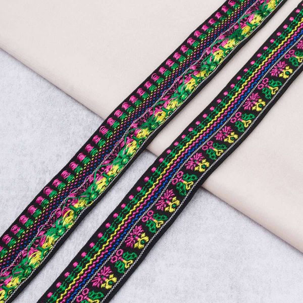 Лента (тесьма) жаккардовая 28.0 мм / 10±0.5 метров, черный/розовый, 2068