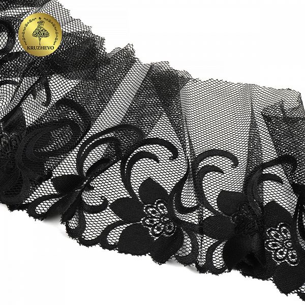 Кружево на сетке (вышитое) арт.T101 245мм цв.черный уп.6м, Kruzhevo