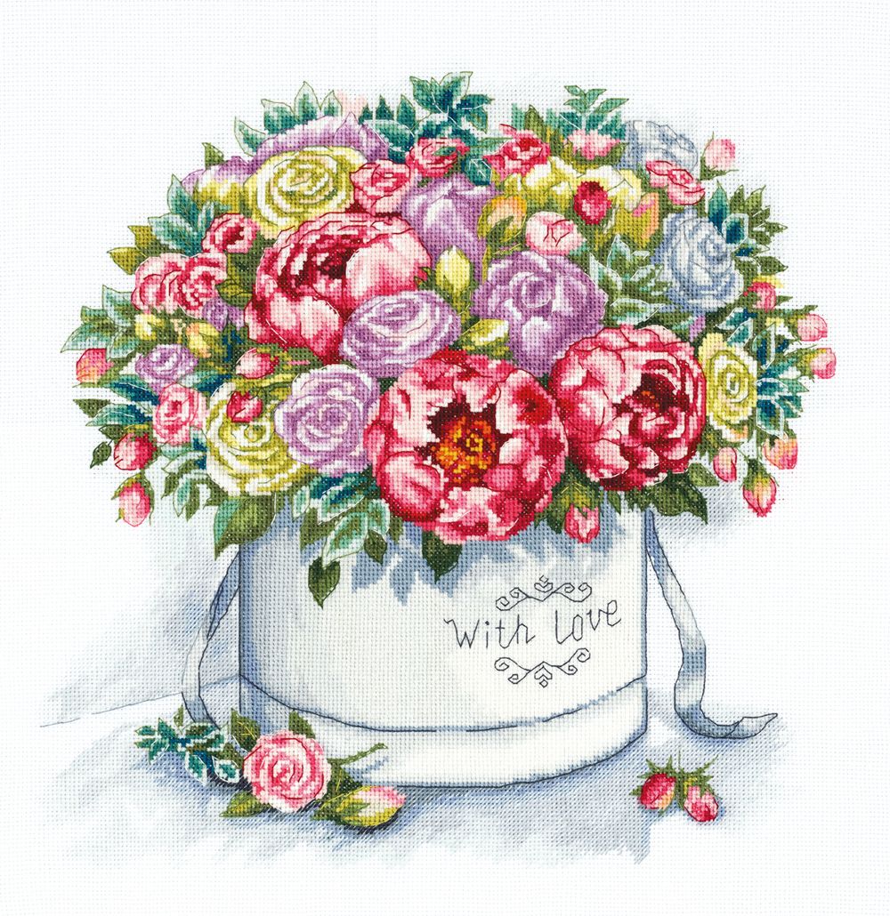 Набор для вышивания нитками Panna, Золотая серия, Пионы в шляпной коробке, 33х32 см