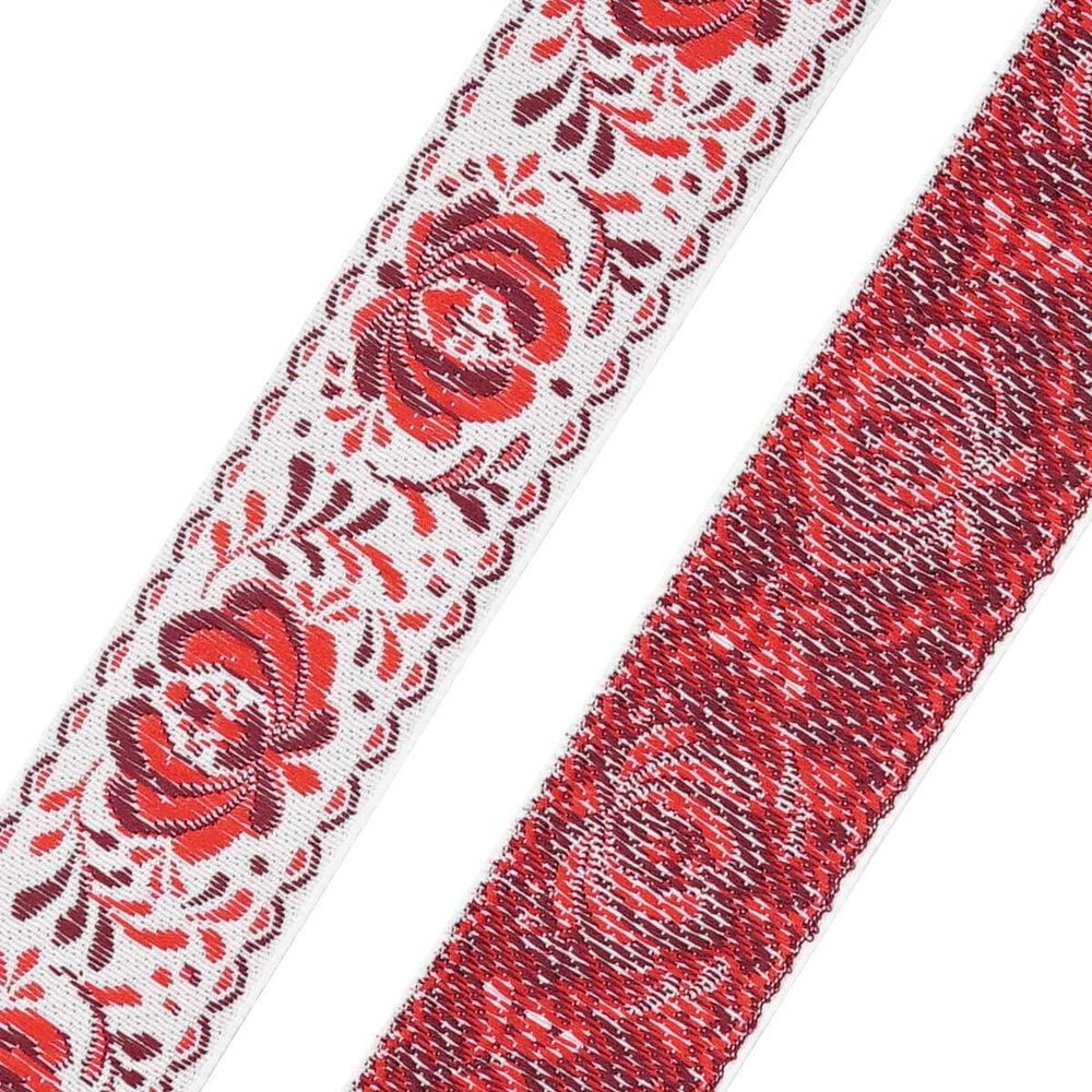 Лента (тесьма) жаккардовая 32.0 мм / 25±1 метров, рис. 9581 Гжель, (1 белый/красный/бордовый) С1853Г17