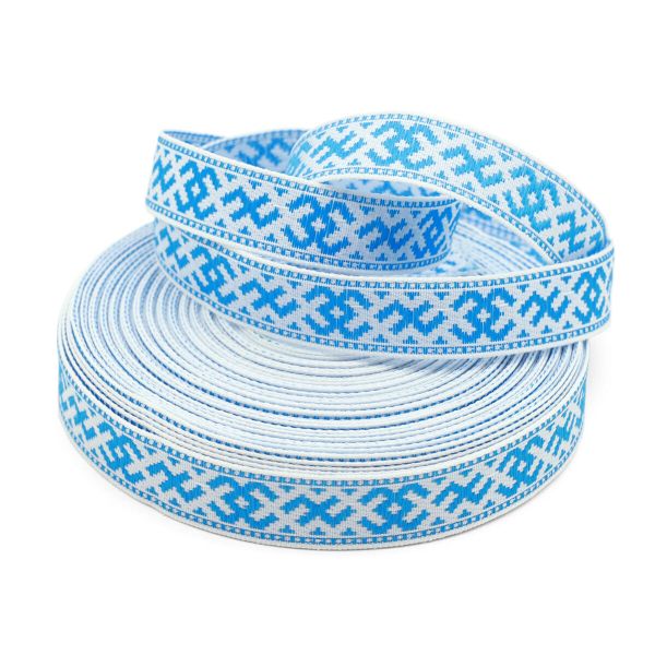 Лента (тесьма) жаккардовая 18.0 мм / 25±1 метров, Славянский орнамент Оберег, рис. 9711 (2 белый/голубой) С3771Г17