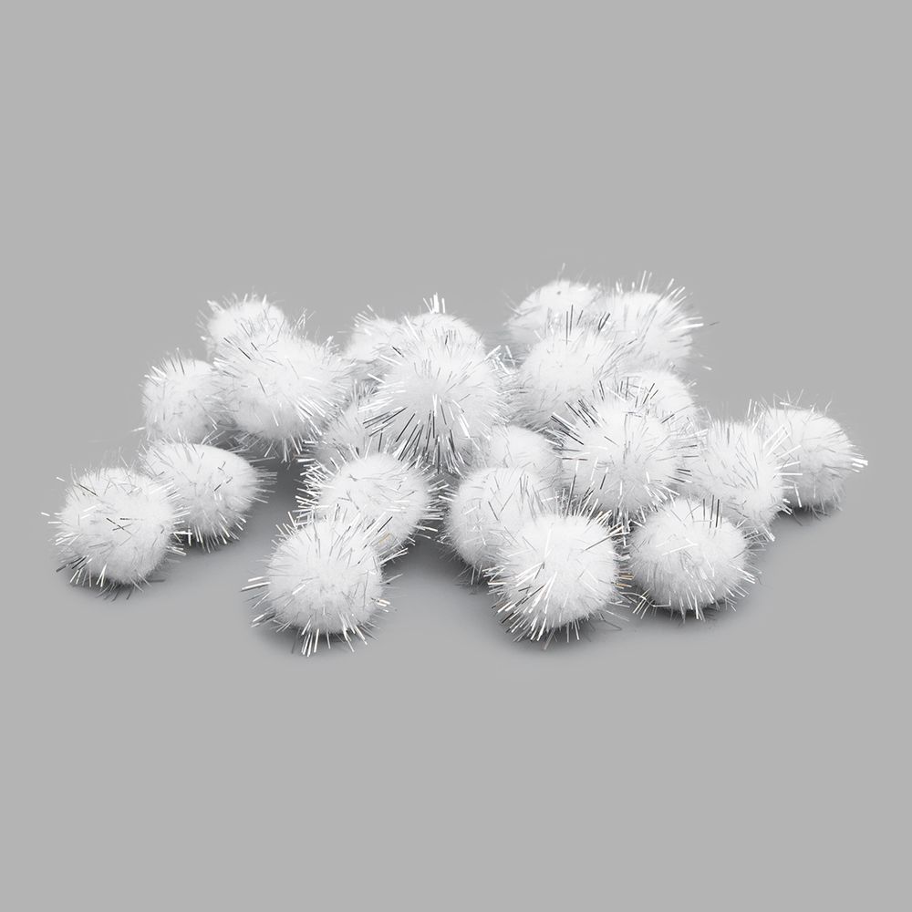 Помпоны с люрексом 25 мм, 125 шт., Астра (28 белый)