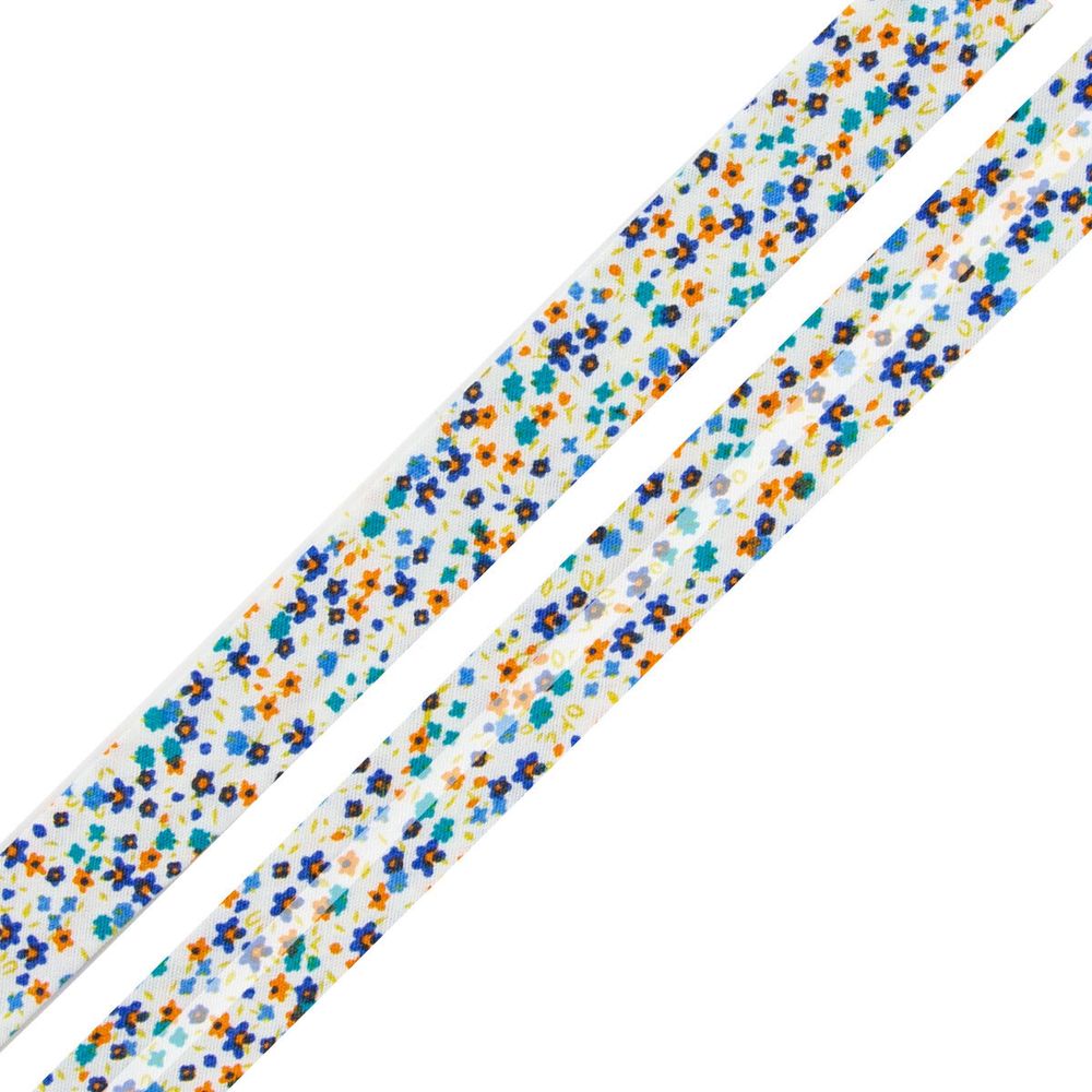 Косая бейка хлопковая с п/э Цветочки новые 15 мм / 65.8 метров, FBF220 изумрудный