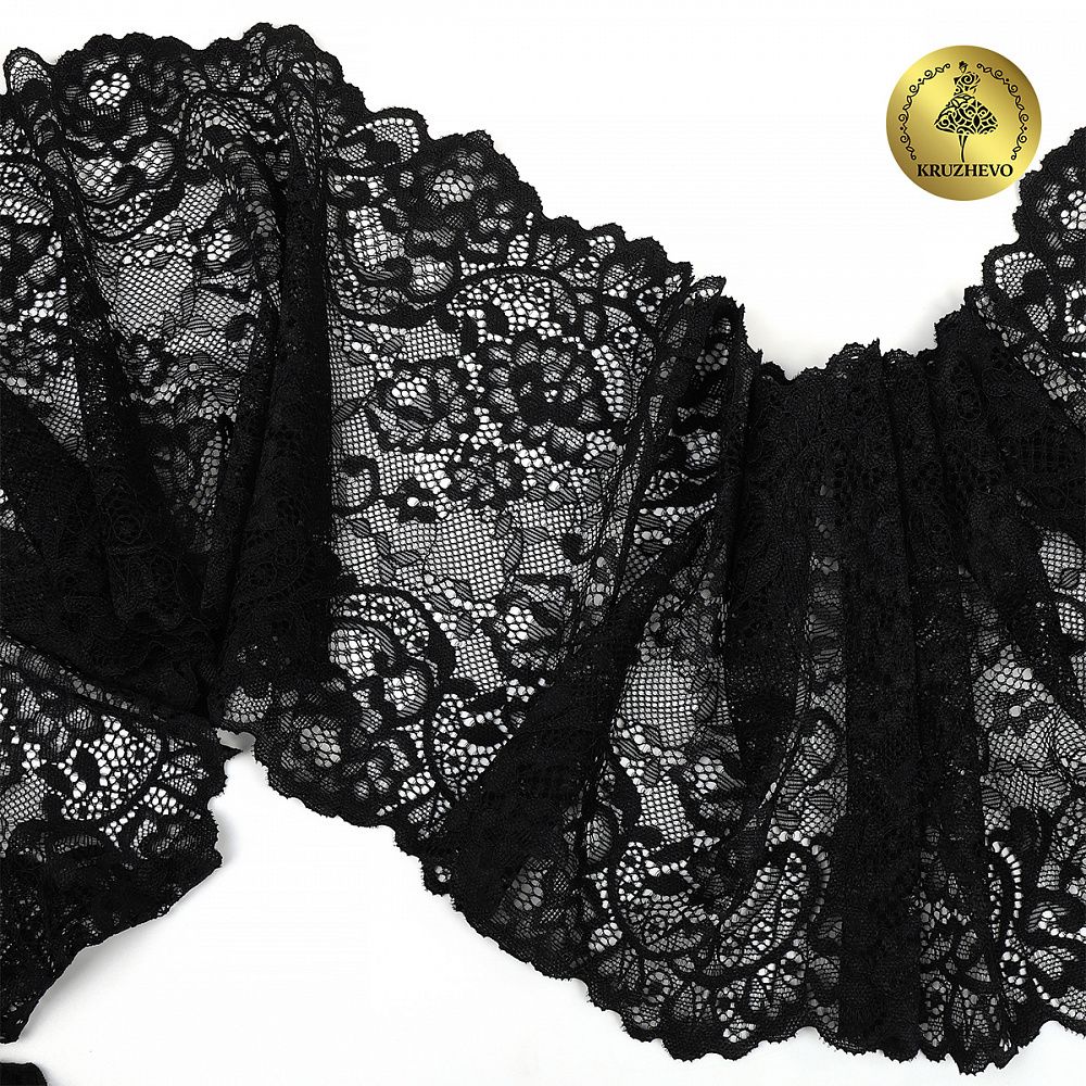 Кружево бельевое эластичное 190 мм / 10 м, 6378, цв.02 черный, Kruzhevo