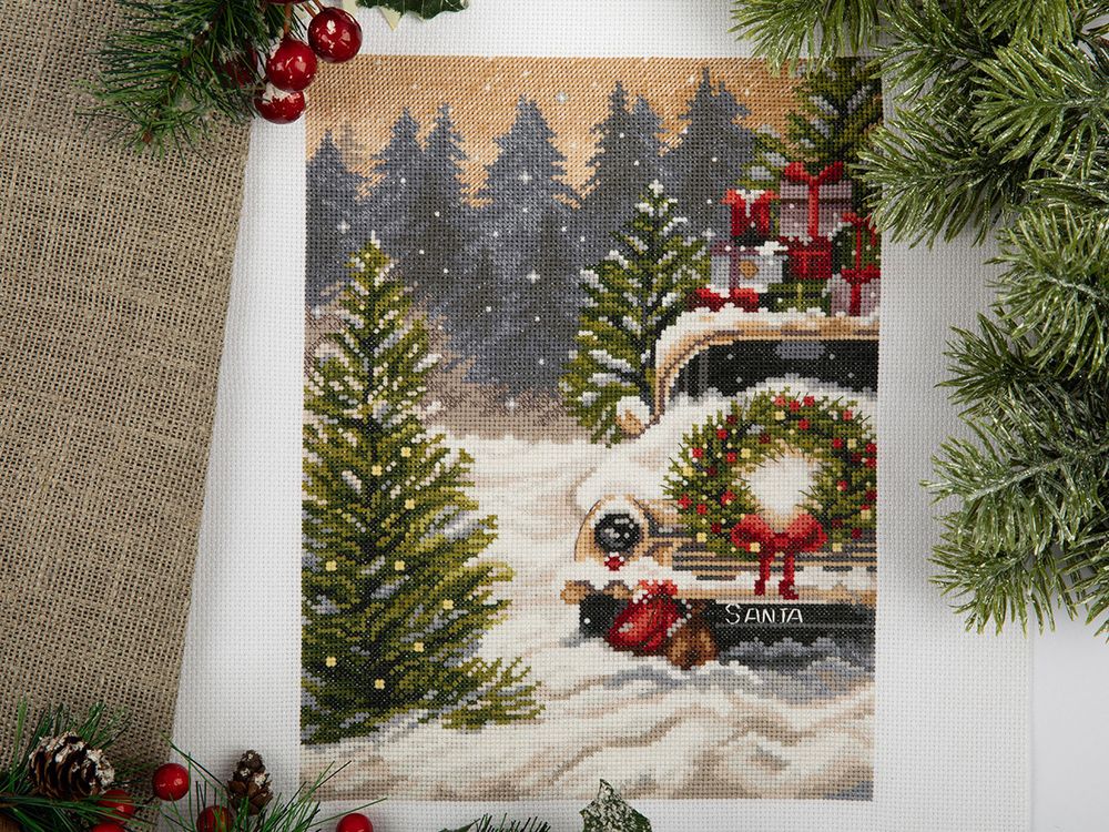 Набор для вышивания нитками Panna, Новогодняя машина, 25х19 см