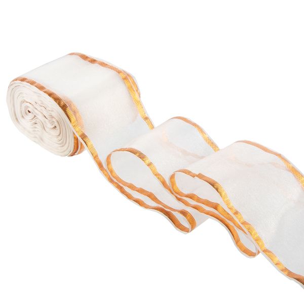 Лента капроновая для бантов 75 мм, / 25 метров, с метал. кромкой, белый/ под бронзу, Gamma С 3502 с метал. кромкой