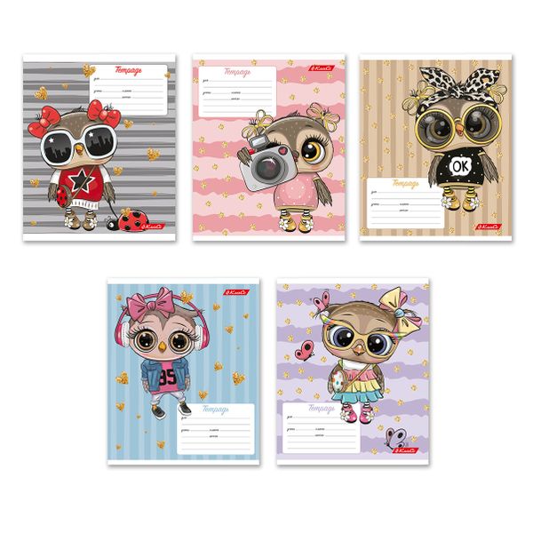 Тетрадь ученическая школьная, выборочные блестки, A5+ 12 л. на скобе, белизна 100%, 25 шт, линия, 000361 Совушки, Светоч 12ТСКд5_5_3_2