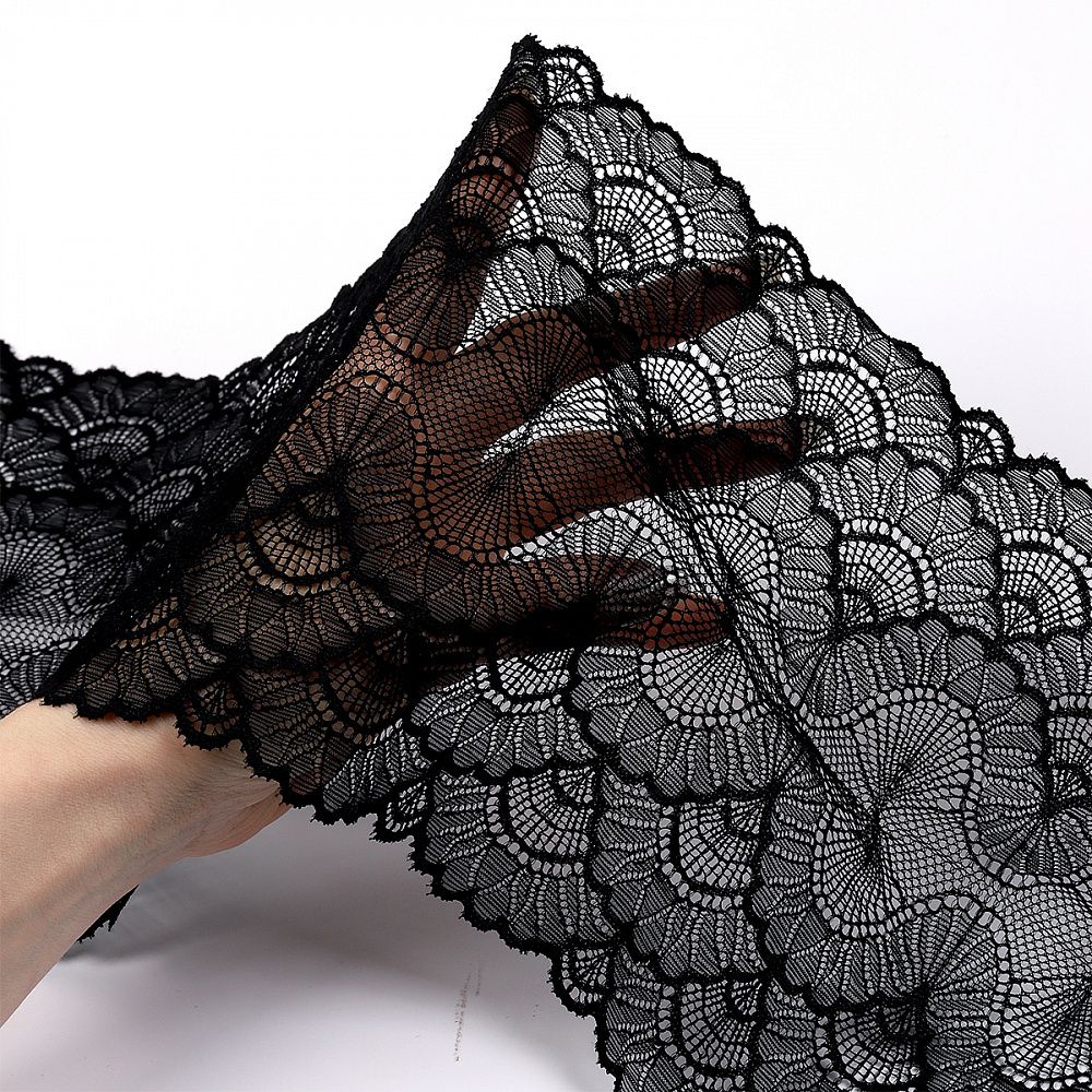 Кружево бельевое эластичное 195 мм / 10 м, цв.02 черный, Kruzhevo