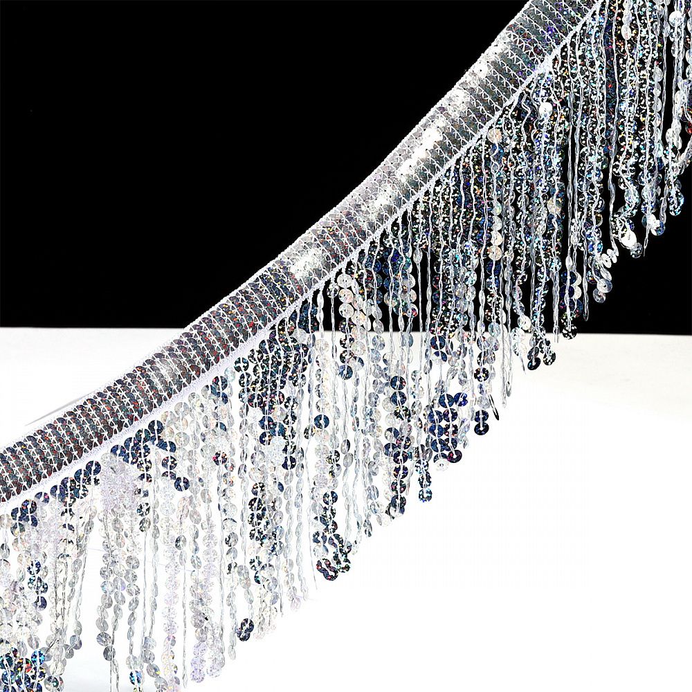 Бахрома отделочная 15.0 мм / 4.5 метра, с пайетками, TBY.11503, цв.серебро