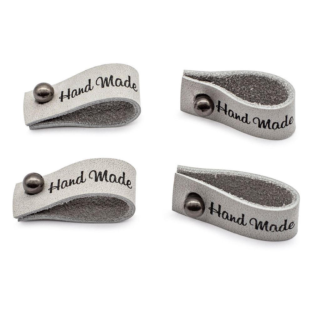 Бирка кожаная с кнопкой "Hand Made" 1,3х7см, уп.4 шт (светло-серый)
