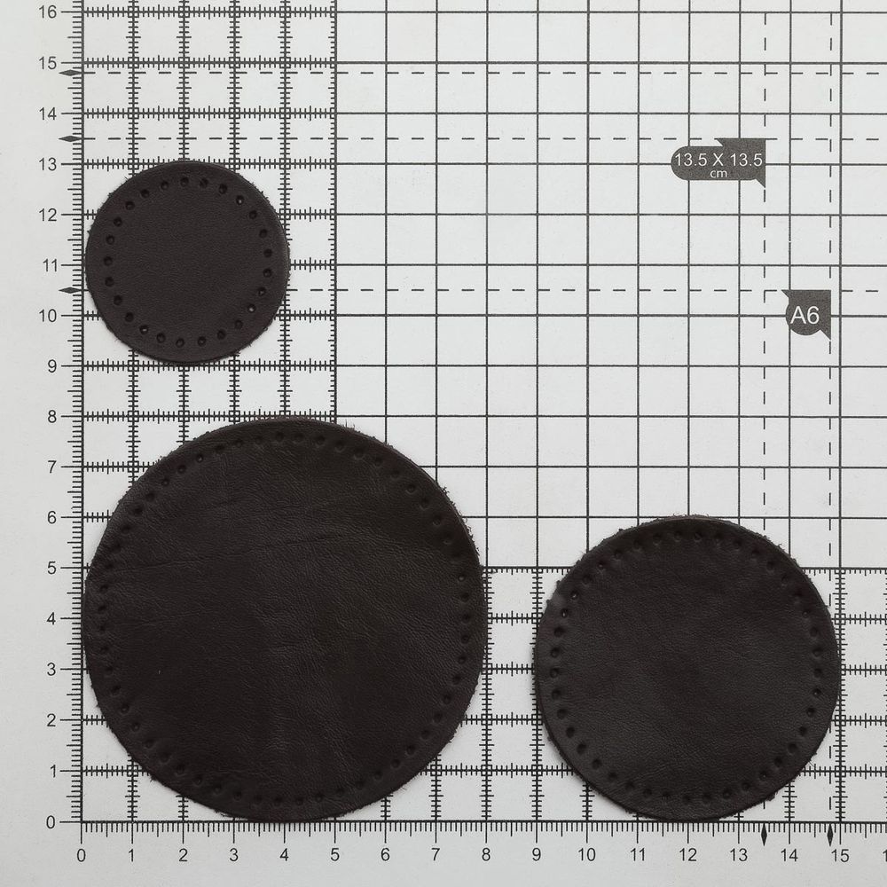 Набор заплаток пришивных из кожи, круг ⌀4см, 6см и 8см, с перфорацией, 3 шт, 100% кожа (03 темно-коричневый), 9401