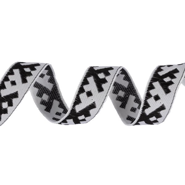 Лента (тесьма) жаккардовая 18.0 мм / 25±1 метров, Орнамент для северных народов, рис 6753 белый-черный, Gamma С3771