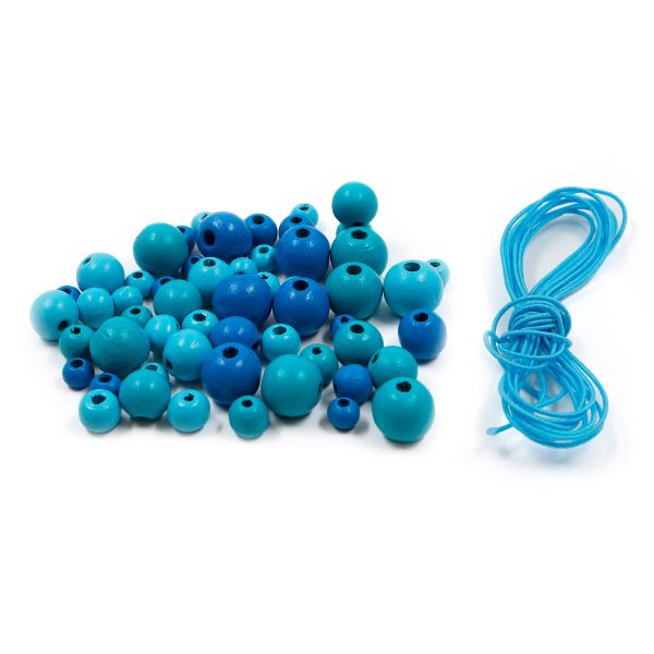 Бусины дерево набор со шнуром 6, 8, 10, 12 мм, голубой микс, 21 г, 90 шт/упак, Astra&Craft, 160815