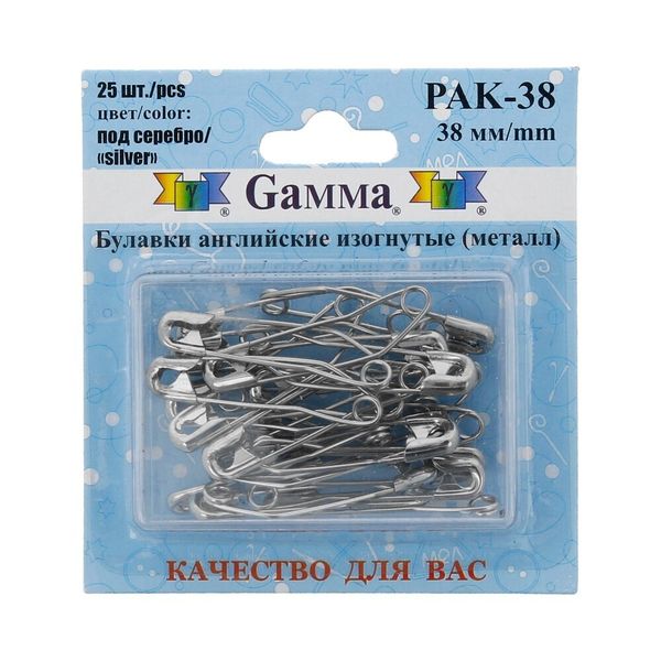 Булавки английские изогнутые серебро, 25 шт, 38 мм, Gamma PAK-38