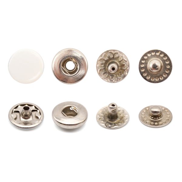 Кнопка Альфа (S-образная) ⌀10.0 мм, ≈1440 шт, МЕТАЛЛ, эмаль, 102 молочный глянцевый + ответные части никель, ВТ-2, NEW STAR