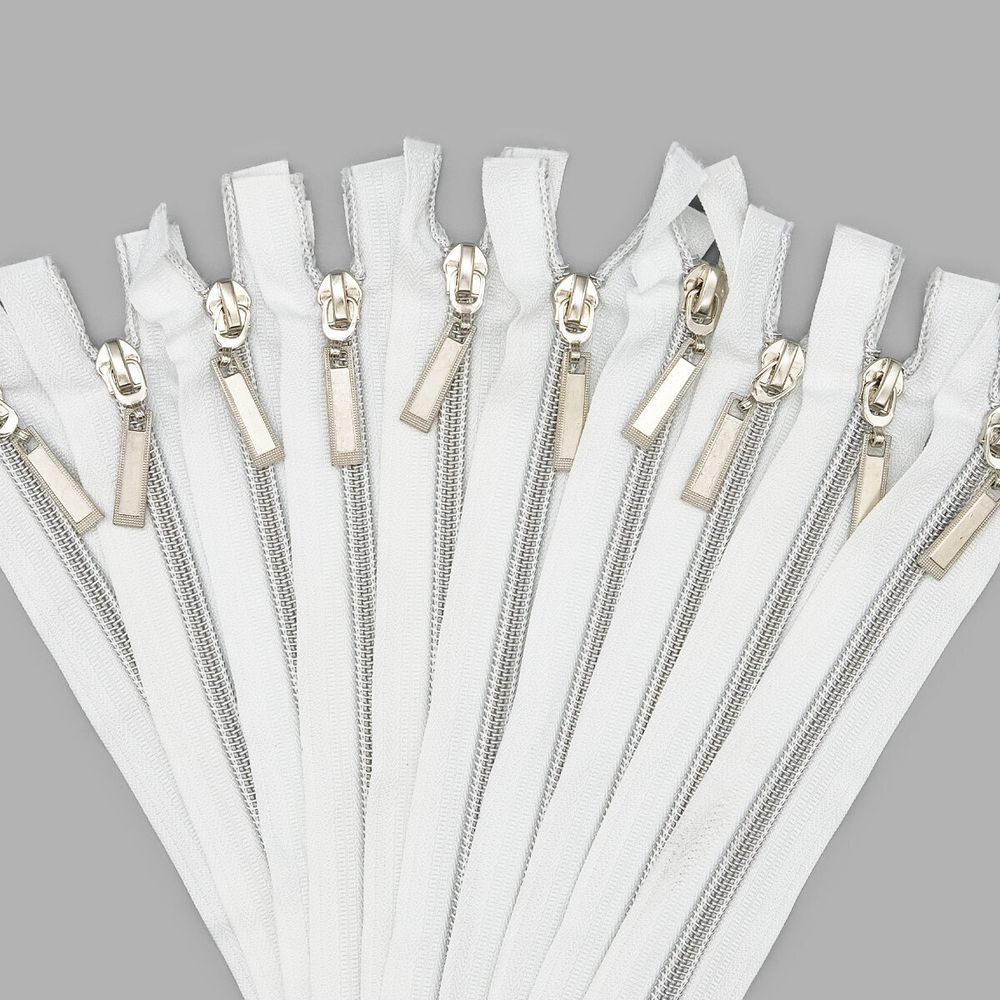 Молния спираль (витая) Т7 (7 мм) 2 зам., разъем., 85 см, никель / белый, 10 шт