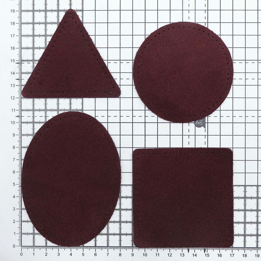 Набор заплаток пришивных из замши, круг, квадрат, треугольник, овал 8см, с перфорацией, 4 шт (31 бордовый), 59743