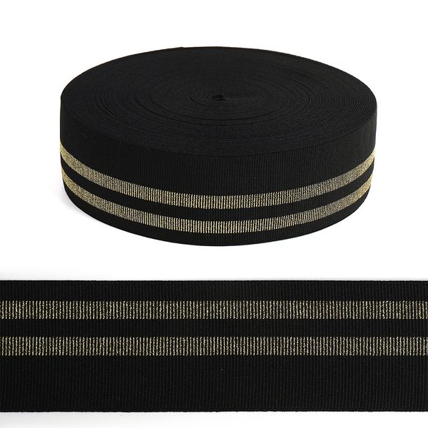 Резинка декоративная в рубчик с двумя полосками 50.0 мм / 25 метров, RDG.250101GB, черный/золото