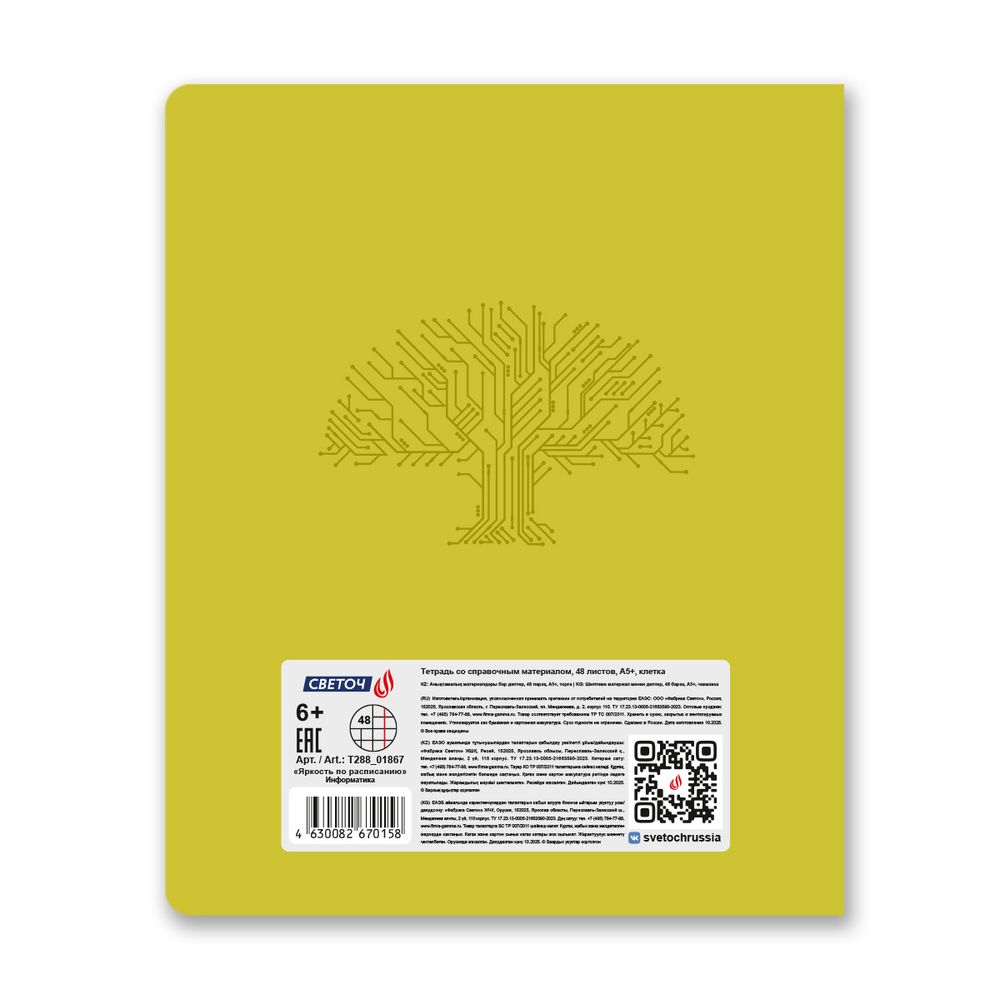 Тетрадь со справ.материал. Яркость по расписанию с запечат. пластик.обл. 320мкм, A5 48 л. на скобе 65 г/м², белизна 100% 10 шт, клетка, 01867 Яркость по расписанию Информатика, Светоч Т288