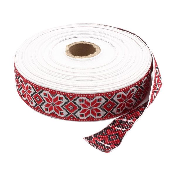 Лента (тесьма) жаккардовая 32.0 мм / 25±1 метров, рис.9624, (1 белый/красный/черный) С1853Г17