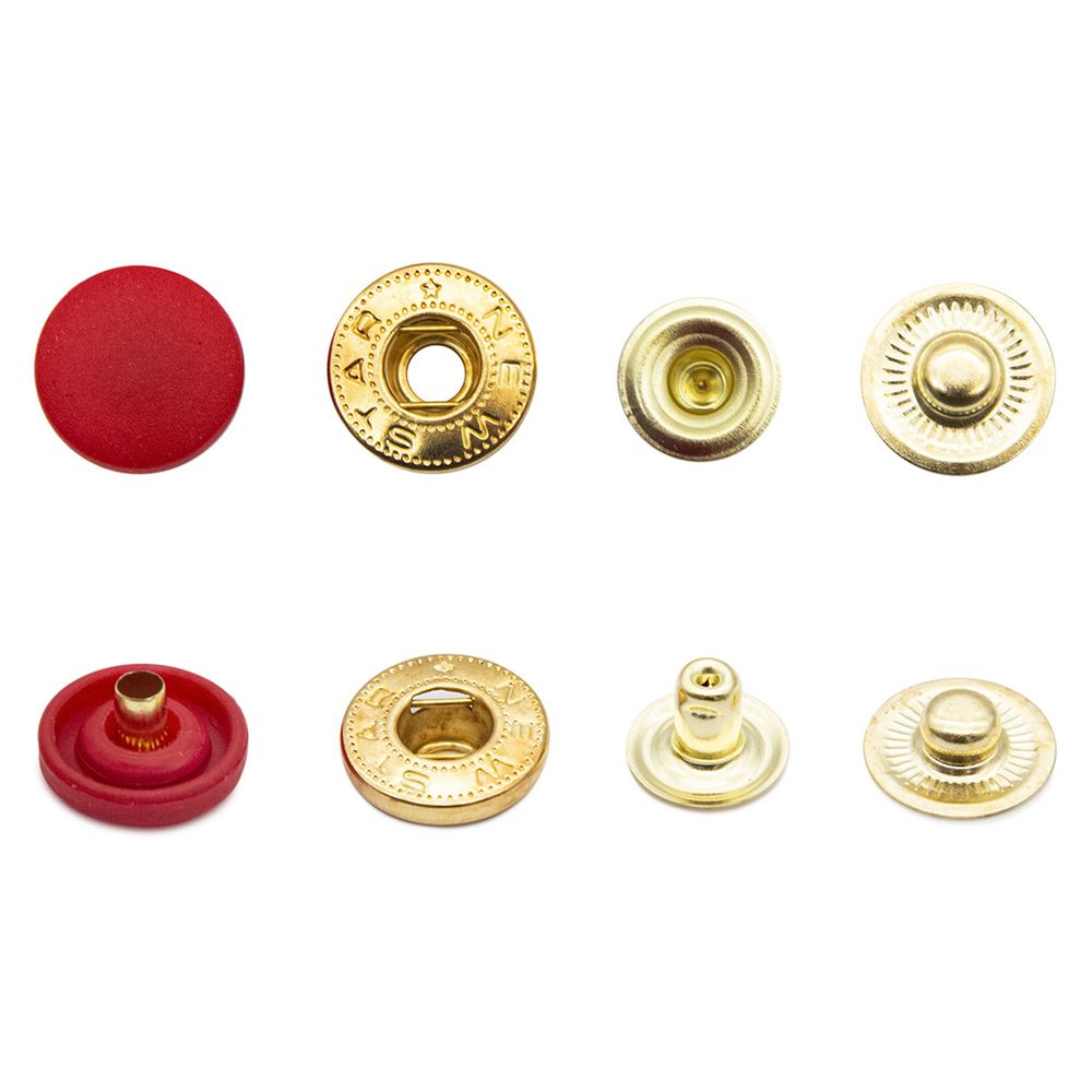 Кнопка Альфа (S-образная) ⌀15.0 мм, ≈72 шт, шляпка пластик + отв.части МЕТАЛЛ, 148 красный + отв.части золото, NEW STAR