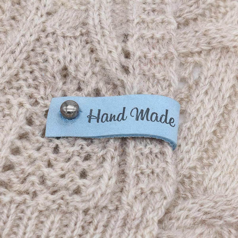 Бирка кожаная с кнопкой Hand Made 1,3х7см, уп.4 шт (голубой)