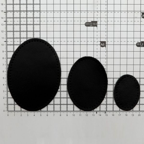 Набор заплаток пришивных из кожи, овал 4х5,5см, 6х8,2см, 8х10,9см, с перфорацией, 3 шт (01 черный), 9404