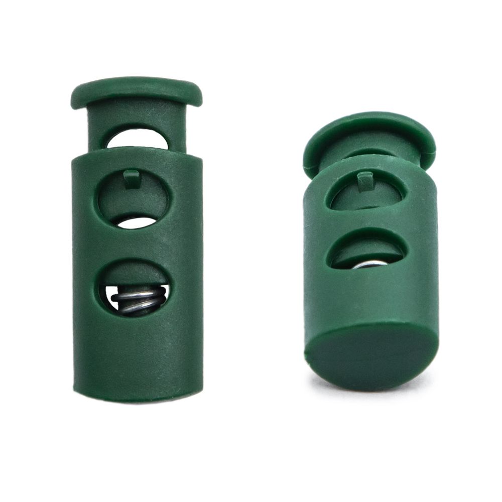 Фиксатор (стоппер-зажим) для шнура, цилиндр 2 отв. ⌀4 мм, 9х22 мм, ПП, т.зеленый, 100 шт