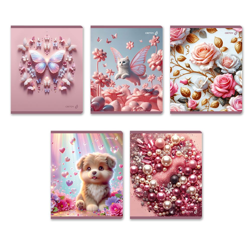 Тетрадь ученическая общая, выборочные блёстки, A5+ 48 л. на скобе 65 г/м², белизна 100 %, 10 шт, клетка, 01130 Микс-Блеск перламутра, Светоч Т83