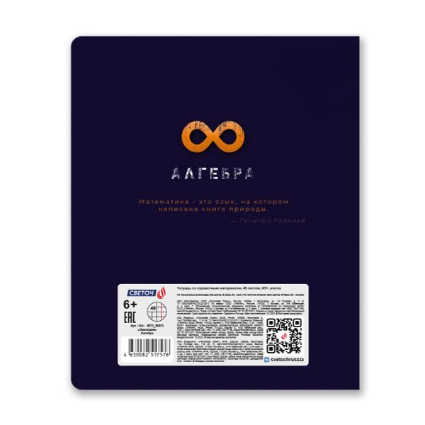 Тетрадь со справочным материалом Эволюция, глянцевая ламинация, A5+ 48 л. на скобе 65 г/м², белизна 100%, 10 шт, клетка, 00875 Алгебра, Светоч 48Т5