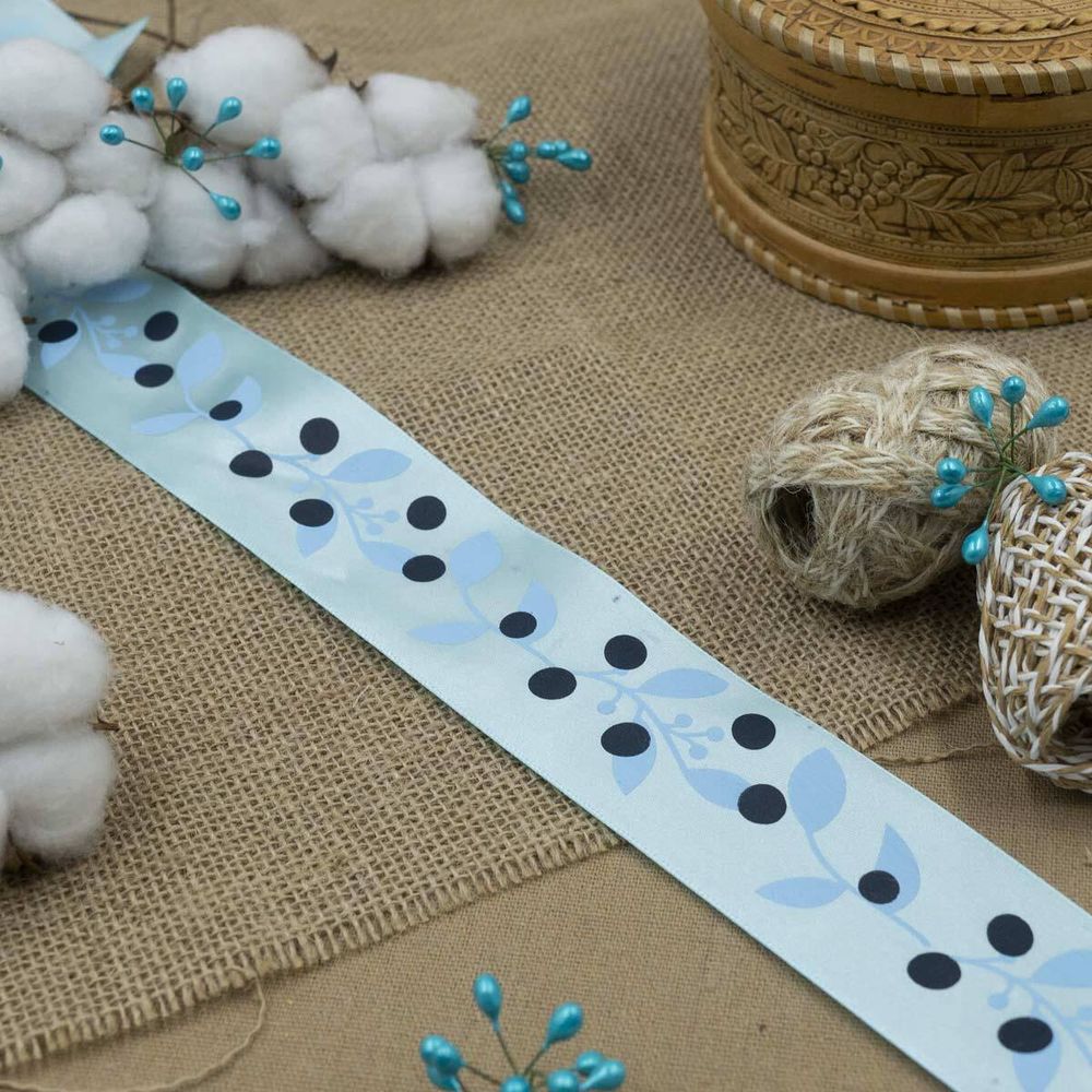 Лента атласная с рисунком 45.0 мм / 3 метра, Ягодная ветвь (голубой), Globus