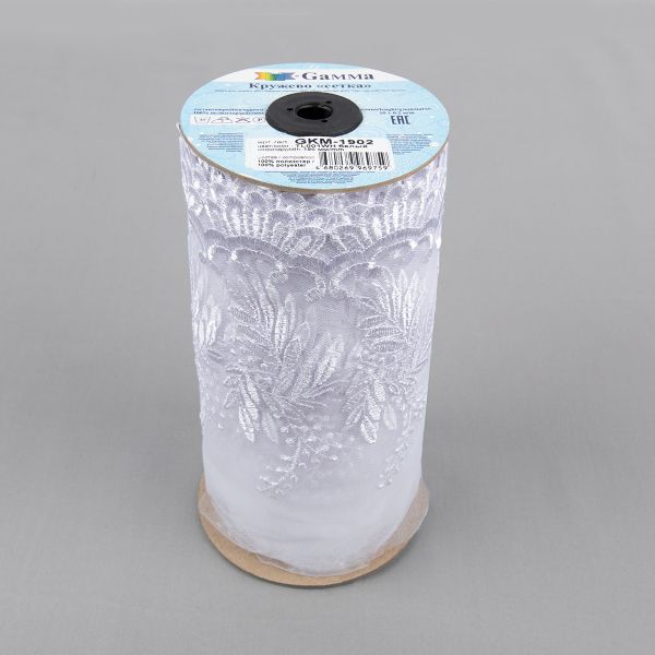 Кружево на сетке 190 мм / 10 м, белый, Gamma GKM-1902